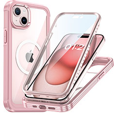 Silicone Transparent Frame Case Cover 360 Degrees with Mag-Safe Magnetic T01 for Apple iPhone 14 Plus Rose Gold