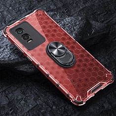 Silicone Transparent Mirror Frame Case 360 Degrees with Magnetic Finger Ring Stand AM1 for Vivo Y76s 5G Red