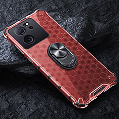 Silicone Transparent Mirror Frame Case 360 Degrees with Magnetic Finger Ring Stand AM1 for Xiaomi Mi 13T 5G Red
