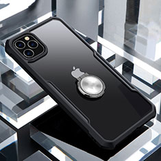 Silicone Transparent Mirror Frame Case 360 Degrees with Magnetic Finger Ring Stand for Apple iPhone 11 Pro Black