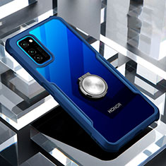 Silicone Transparent Mirror Frame Case 360 Degrees with Magnetic Finger Ring Stand for Huawei Honor V30 5G Blue