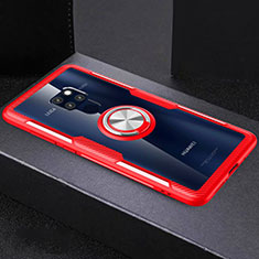 Silicone Transparent Mirror Frame Case 360 Degrees with Magnetic Finger Ring Stand for Huawei Mate 20 Red