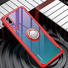 Silicone Transparent Mirror Frame Case 360 Degrees with Magnetic Finger Ring Stand for Huawei P20 Red