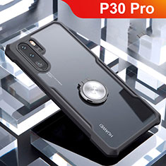 Silicone Transparent Mirror Frame Case 360 Degrees with Magnetic Finger Ring Stand for Huawei P30 Pro Black
