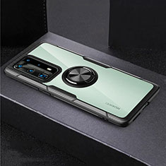 Silicone Transparent Mirror Frame Case 360 Degrees with Magnetic Finger Ring Stand for Huawei P40 Pro+ Plus Black