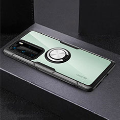 Silicone Transparent Mirror Frame Case 360 Degrees with Magnetic Finger Ring Stand for Huawei P40 Pro Silver and Black