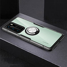 Silicone Transparent Mirror Frame Case 360 Degrees with Magnetic Finger Ring Stand for Huawei P40 Silver and Black