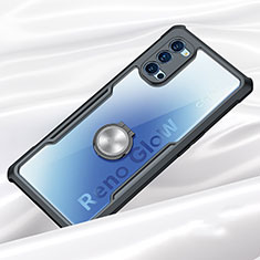 Silicone Transparent Mirror Frame Case 360 Degrees with Magnetic Finger Ring Stand for Oppo Reno4 Pro 5G Black