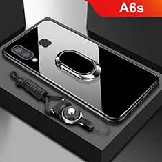 Silicone Transparent Mirror Frame Case 360 Degrees with Magnetic Finger Ring Stand for Samsung Galaxy A6s Black