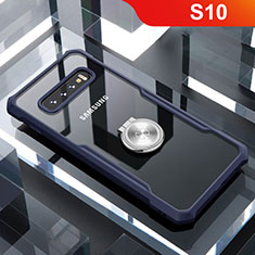 Silicone Transparent Mirror Frame Case 360 Degrees with Magnetic Finger Ring Stand for Samsung Galaxy S10 5G Blue