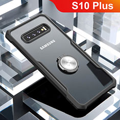 Silicone Transparent Mirror Frame Case 360 Degrees with Magnetic Finger Ring Stand for Samsung Galaxy S10 Plus Black