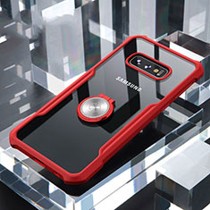 Silicone Transparent Mirror Frame Case 360 Degrees with Magnetic Finger Ring Stand for Samsung Galaxy S10e Red
