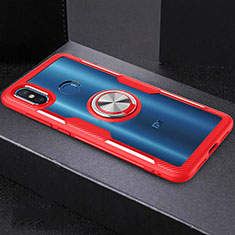 Silicone Transparent Mirror Frame Case 360 Degrees with Magnetic Finger Ring Stand for Xiaomi Mi 8 Red