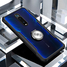 Silicone Transparent Mirror Frame Case 360 Degrees with Magnetic Finger Ring Stand for Xiaomi Mi 9T Black