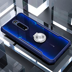 Silicone Transparent Mirror Frame Case 360 Degrees with Magnetic Finger Ring Stand for Xiaomi Mi 9T Blue