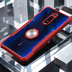 Silicone Transparent Mirror Frame Case 360 Degrees with Magnetic Finger Ring Stand for Xiaomi Redmi K20 Red