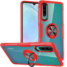 Silicone Transparent Mirror Frame Case 360 Degrees with Magnetic Finger Ring Stand S01 for Huawei P30 Red