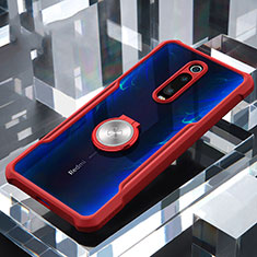 Silicone Transparent Mirror Frame Case 360 Degrees with Magnetic Finger Ring Stand T01 for Xiaomi Mi 9T Pro Red