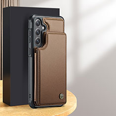 Soft Luxury Leather Snap On Case Cover C02S for Samsung Galaxy S25 5G Brown