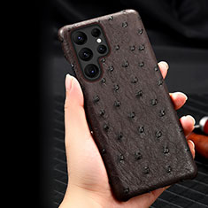 Soft Luxury Leather Snap On Case Cover HP1 for Samsung Galaxy S22 Ultra 5G Brown