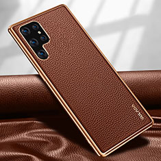 Soft Luxury Leather Snap On Case Cover S09 for Samsung Galaxy S22 Ultra 5G Brown