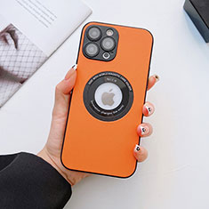 Soft Luxury Leather Snap On Case Cover with Mag-Safe Magnetic QC3 for Apple iPhone 14 Pro Max Orange