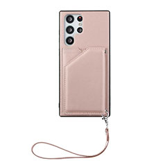 Soft Luxury Leather Snap On Case Cover Y03B for Samsung Galaxy S22 Ultra 5G Rose Gold