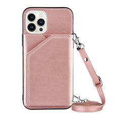 Soft Luxury Leather Snap On Case Cover Y04B for Apple iPhone 13 Pro Max Rose Gold