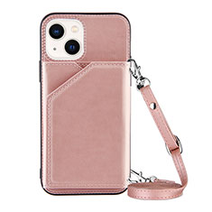 Soft Luxury Leather Snap On Case Cover Y04B for Apple iPhone 15 Plus Rose Gold