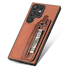 Soft Silicone Gel Leather Snap On Case Cover SD6 for Samsung Galaxy S22 Ultra 5G Brown