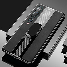 Soft Silicone Gel Leather Snap On Case Cover with Magnetic Finger Ring Stand A01 for Xiaomi Mi 10 Black