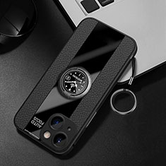 Soft Silicone Gel Leather Snap On Case Cover with Magnetic Finger Ring Stand for Apple iPhone 13 Black
