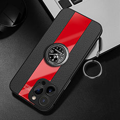 Soft Silicone Gel Leather Snap On Case Cover with Magnetic Finger Ring Stand for Apple iPhone 13 Pro Max Red