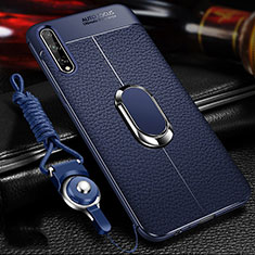 Soft Silicone Gel Leather Snap On Case Cover with Magnetic Finger Ring Stand for Huawei Enjoy 10S Blue
