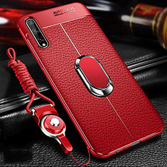 Soft Silicone Gel Leather Snap On Case Cover with Magnetic Finger Ring Stand for Huawei Enjoy 10S Red