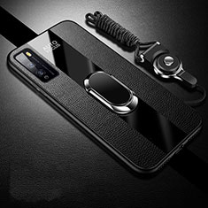 Soft Silicone Gel Leather Snap On Case Cover with Magnetic Finger Ring Stand for Huawei Enjoy 20 Pro 5G Black