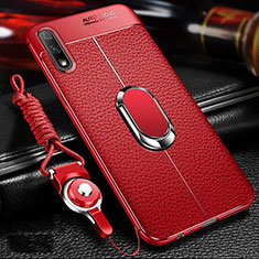 Soft Silicone Gel Leather Snap On Case Cover with Magnetic Finger Ring Stand for Huawei Honor 9X Red