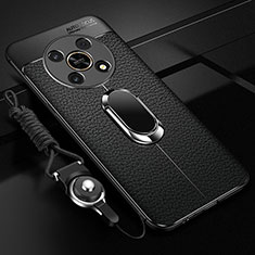 Soft Silicone Gel Leather Snap On Case Cover with Magnetic Finger Ring Stand for Huawei Honor Magic4 Lite 5G Black