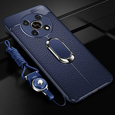 Soft Silicone Gel Leather Snap On Case Cover with Magnetic Finger Ring Stand for Huawei Honor Magic4 Lite 5G Blue