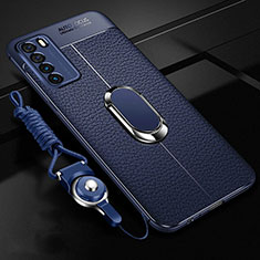 Soft Silicone Gel Leather Snap On Case Cover with Magnetic Finger Ring Stand for Huawei Honor Play4 5G Blue