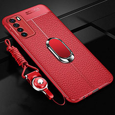 Soft Silicone Gel Leather Snap On Case Cover with Magnetic Finger Ring Stand for Huawei Honor Play4 5G Red