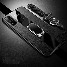 Soft Silicone Gel Leather Snap On Case Cover with Magnetic Finger Ring Stand for Huawei Honor Play4T Black