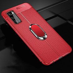 Soft Silicone Gel Leather Snap On Case Cover with Magnetic Finger Ring Stand for Huawei Honor V30 Pro 5G Red