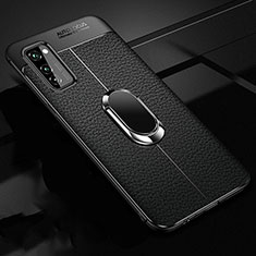 Soft Silicone Gel Leather Snap On Case Cover with Magnetic Finger Ring Stand for Huawei Honor View 30 5G Black