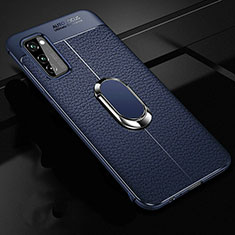 Soft Silicone Gel Leather Snap On Case Cover with Magnetic Finger Ring Stand for Huawei Honor View 30 Pro 5G Blue
