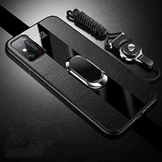 Soft Silicone Gel Leather Snap On Case Cover with Magnetic Finger Ring Stand for Huawei Honor X10 Max 5G Black