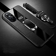 Soft Silicone Gel Leather Snap On Case Cover with Magnetic Finger Ring Stand for Huawei Nova 8 5G Black