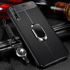 Soft Silicone Gel Leather Snap On Case Cover with Magnetic Finger Ring Stand for Huawei P smart S Black