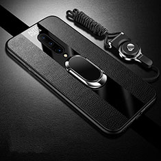 Soft Silicone Gel Leather Snap On Case Cover with Magnetic Finger Ring Stand for OnePlus 8 Black