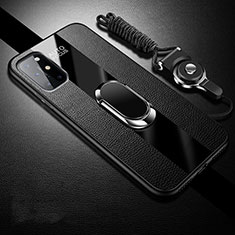 Soft Silicone Gel Leather Snap On Case Cover with Magnetic Finger Ring Stand for OnePlus 8T 5G Black